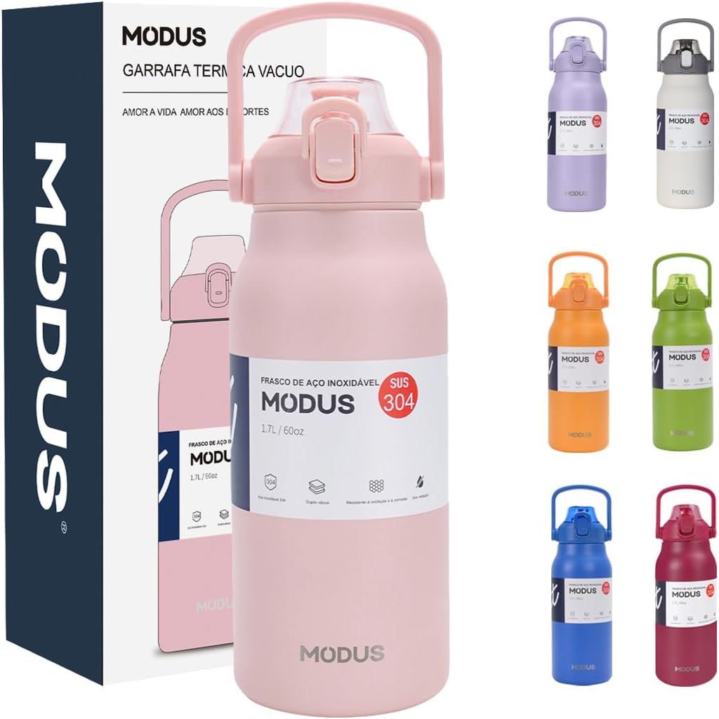 Garrafa Térmica Rosa 1700ml - Aço Inoxidável, Isolada a Vácuo, Canudo Automático