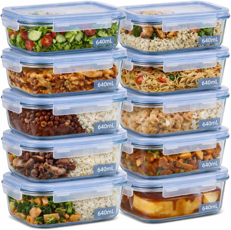 Kit de 10 Potes de Vidro Herméticos 640ml com 4 Travas para Conservação de Alimentos