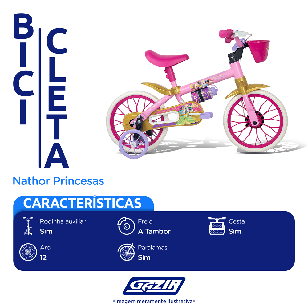 Bicicleta Infantil Aro 12 Nathor Princesas com Cestinha — foto 3