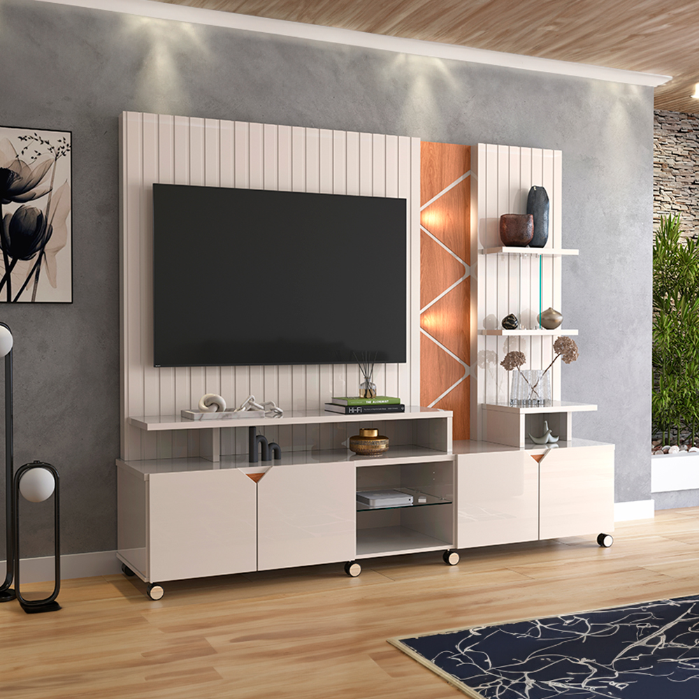 Estante Home para TV até 55" com LED Cross Lukaliam Rodízios Cromados