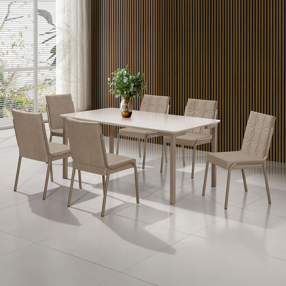 Conjunto de Mesa Aço Nobre Isis New com 6 Cadeiras em MDF e Vidro