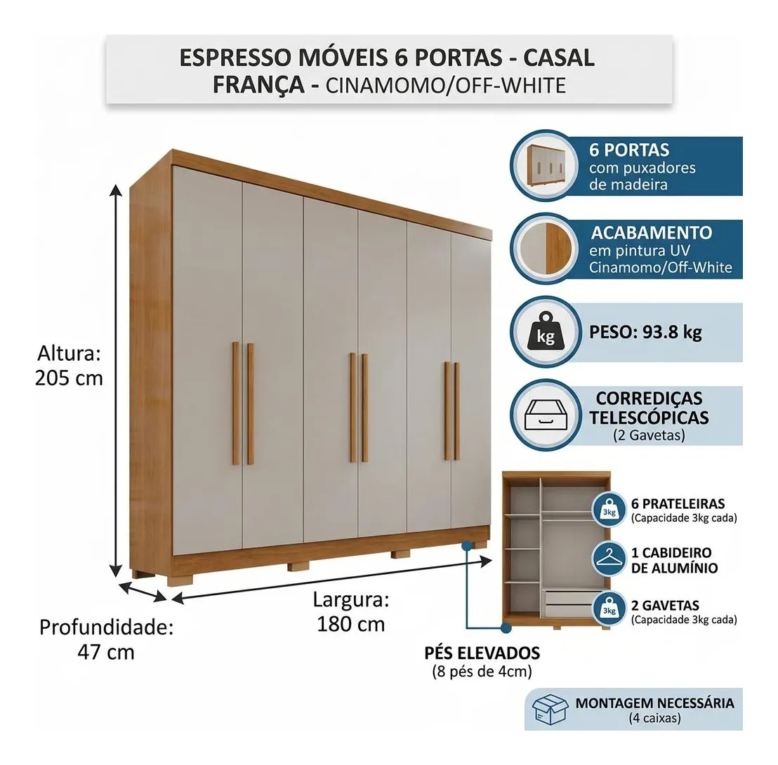 Guarda-roupa Casal 6 Portas 2 Gavetas França — foto 3