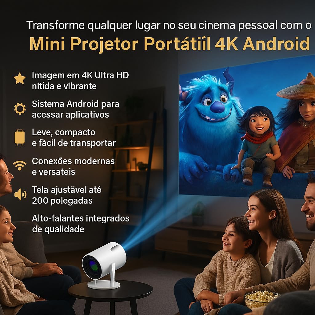 Mini Projetor Portátil 5G Wi-Fi 6 Bluetooth 5.0 Android 11 4K 1080P 8000 Lumens