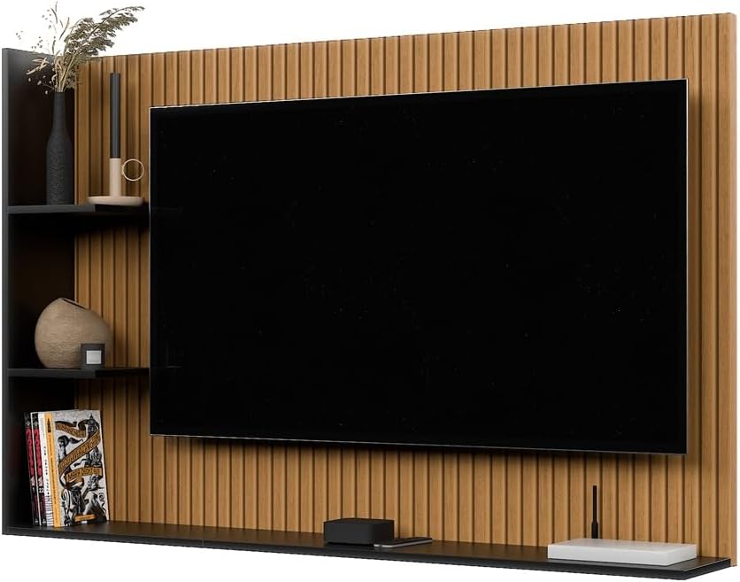 Painel Para TV 50 Polegadas Sala/Quarto Nicho Prateleira Berlim (Ripado/Preto)