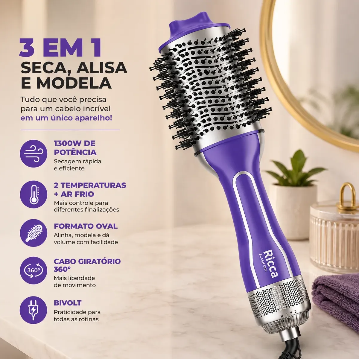 Escova Secadora Alisadora Modeladora 3 Em 1 Bivolt — foto 3
