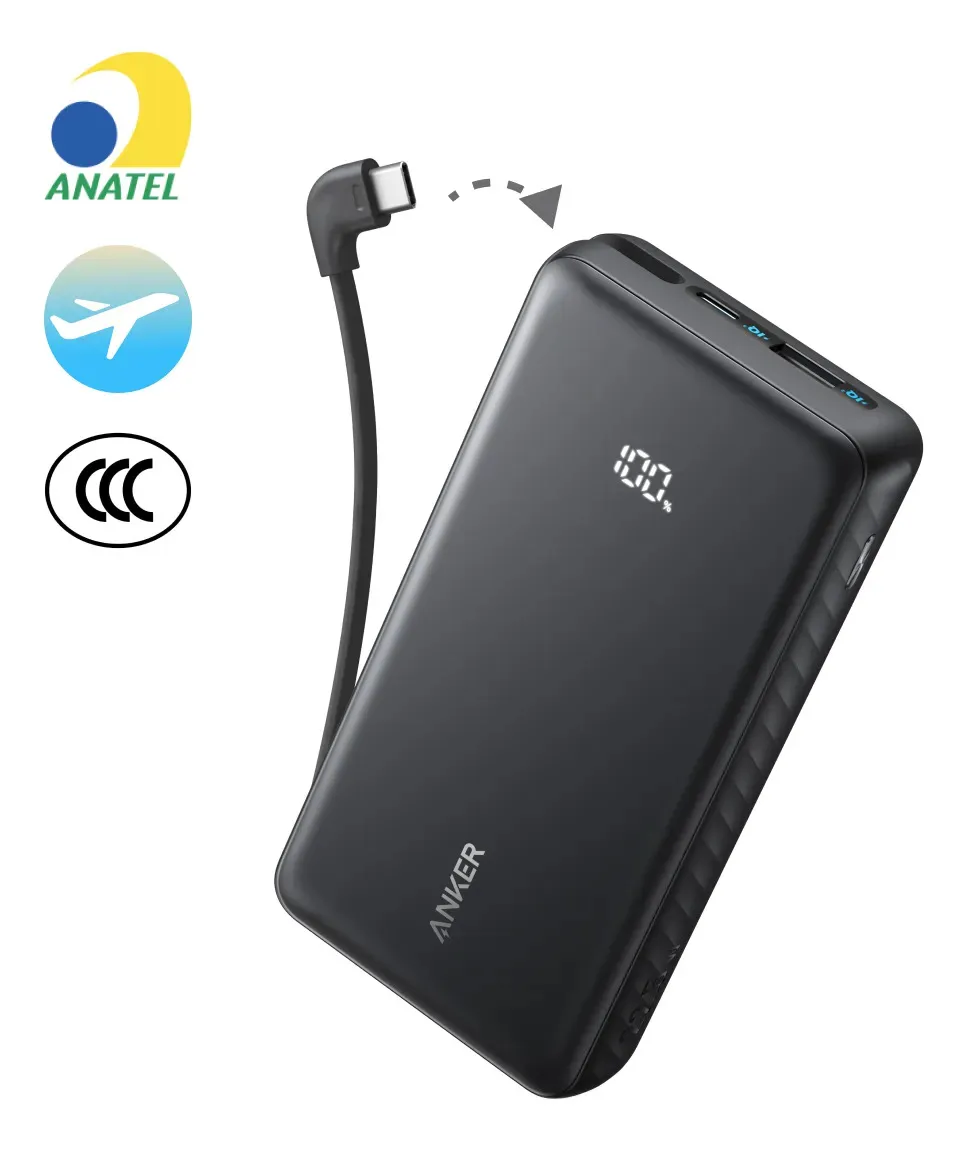 Carregador Portátil Power Bank Anker 20000mAh Carga Turbo 22.5W Cabo USB-C Integrado Para iPhone 17/16/15/14, Samsung Galaxy, Motorola, Xiaomi, Poco, Oppo, Airpods, Display Digital Cor Preto