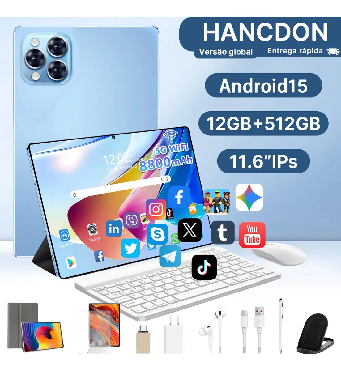 Tablet Android 15 Hancdon Tab Kit Completo Ram 12gb 512gb 11.6'' Hd Tela Apoia Wifi 2,4/4g/5g Dual Sim Bateria 8800mah Com Caneta+teclado E Mouse Profissional Estudo Trabalho Jogos 2 Em 1 Ta