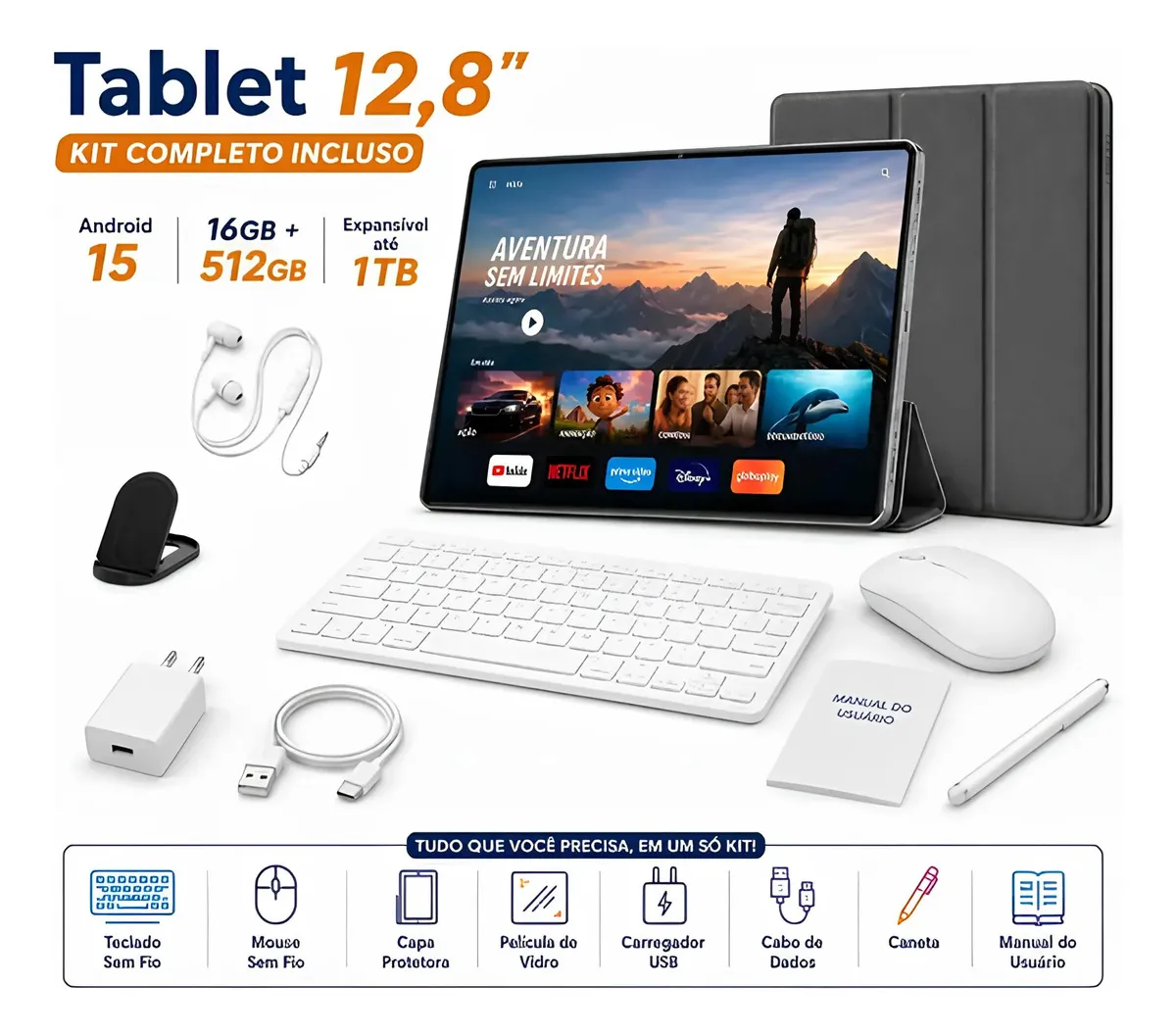 Tablet Hancdon Android 15 Tab Kit Completo Ram 16gb 512gb 12,8'' Hd Tela Apoia Wifi 2,4/4/5g Bateria 8800mah Com Caneta+teclado E Mouse Profissional Estudo Trabalho Ia Gemini Jogos 2 Em 1 Ta