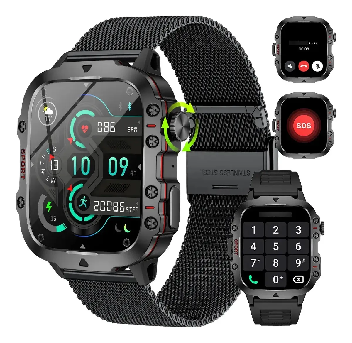 FOXBOX Relógio Smartwatch Inteligente Android Ios Bluetooth Homens Preto Mesh Chamadas Bluetooth Caixa Preto Pulseira Medção de frequência cardíaca Oximetria Assistente de voz MAIS VENDIDO 4
