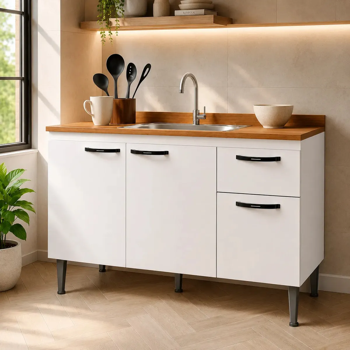 Gabinete de Pia 1,20 Balcão de Cozinha Multiuso 3 Portas Armário de Pia Armário de Cozinha 120x80x52cm Organizador para Pia Cor Branco Ideal para cozinha compacta e área de serviço Porta Pan