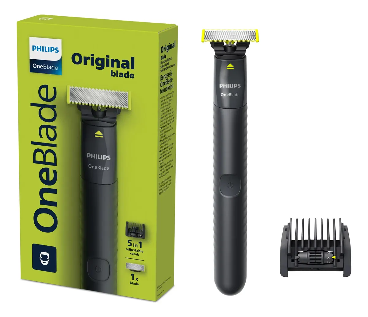 Barbeador e Aparador Elétrico Philips OneBlade com Pente 5 em 1, Sem Fio e À Prova D'Água - QP